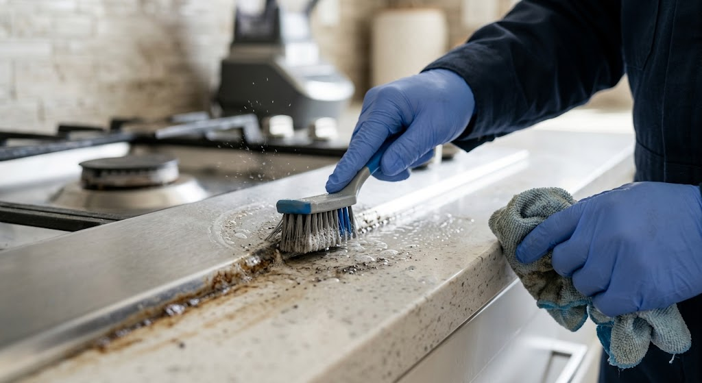 Cleaner scrubbing a kitchen surface